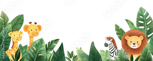 Watercolor-style safari animal frame with tropical leaves, charming baby elephant, giraffes, lion, and zebra in a lush green jungle setting, soft and whimsical illustration