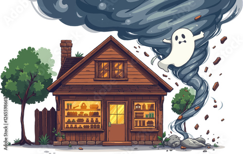 an illustration of a house with a tornado coming out of it ' s chimney