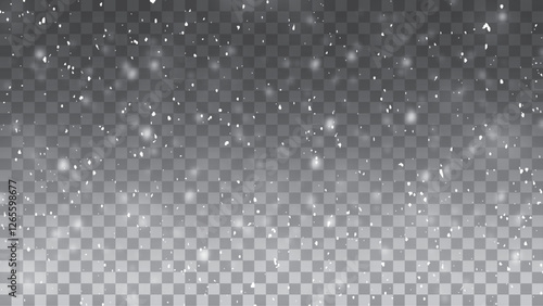 Snow and snowflakes on transparent background. Winter snowfall effect of falling white snow flakes and shining, New Year snowstorm or blizzard realistic backdrop.