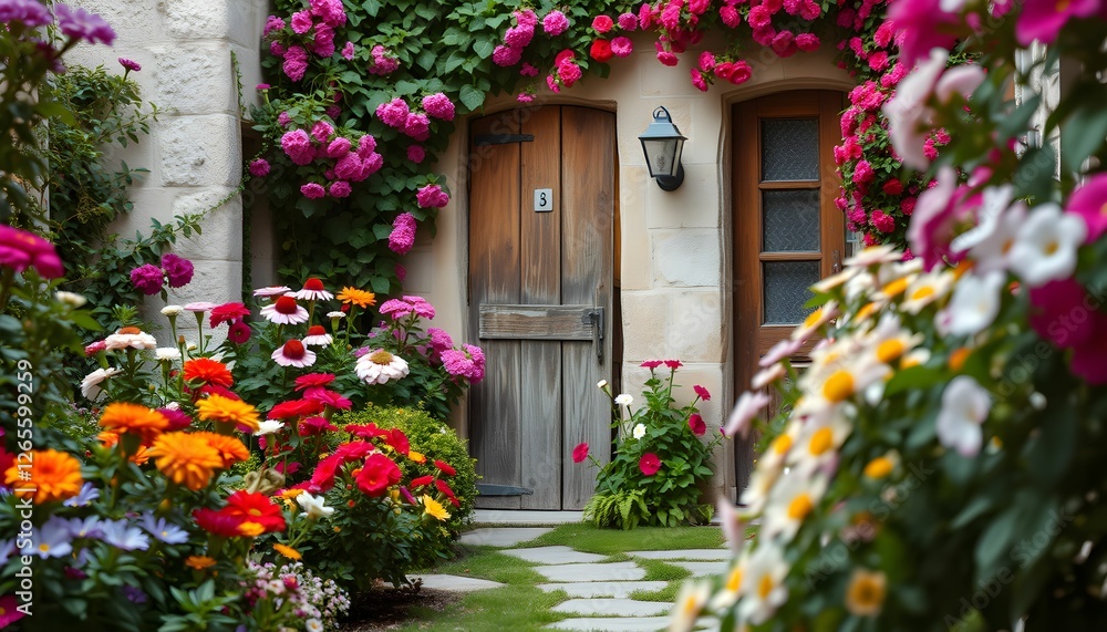 Fototapeta premium Enchanting Floral Garden with Roses and Charming Wooden Doors