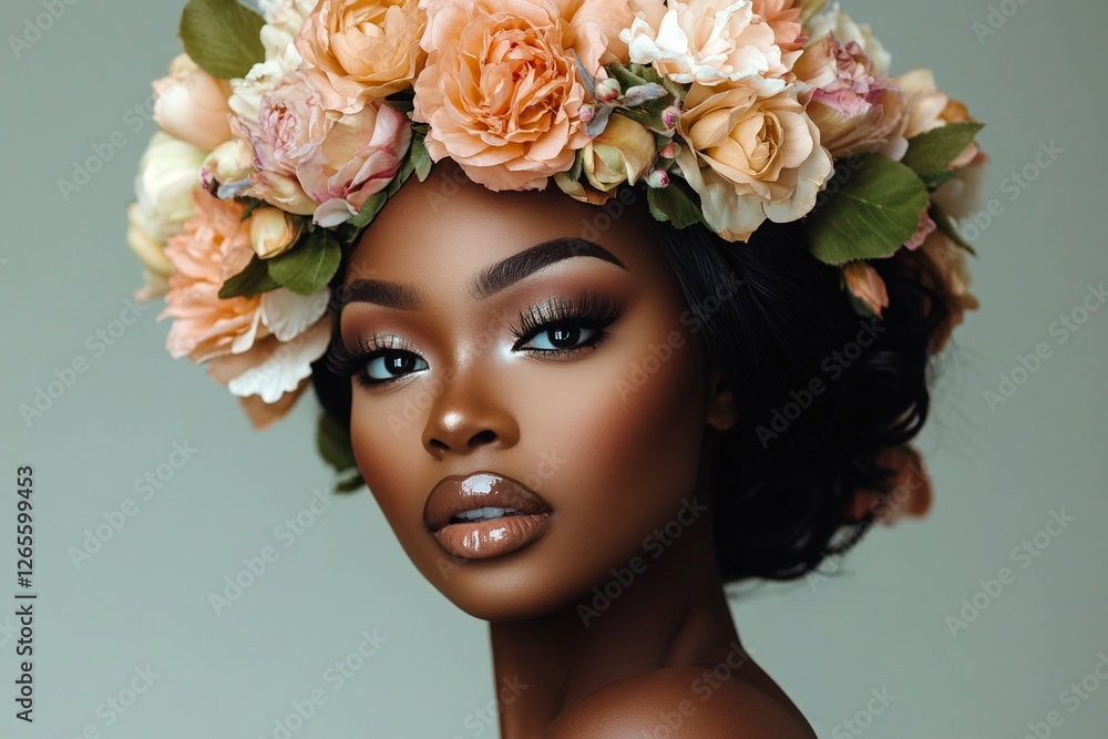 Naklejka premium Elegant portrait of african female adult with floral headpiece
