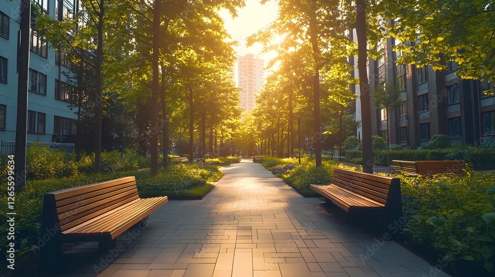 Fototapeta premium Peaceful Urban Green Spaces with Serene Walkways and Benches in Afternoon Sunlight