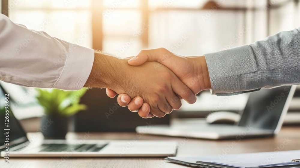 Two business partners shaking hands in agreement, modern office with panoramic city view Two business partners shaking hands in agreement, modern office with panoramic city view