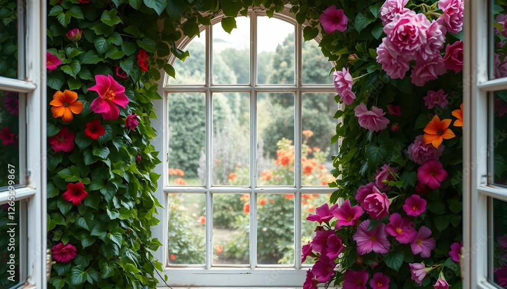 Naklejka premium Floral View: A Window to a Blossom-Filled Garden