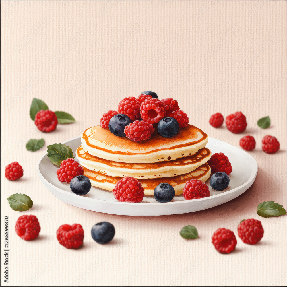 Delicious fluffy pancakes stacked high, topped with fresh raspberries and blueberries, perfect for a sweet breakfast or brunch treat. Valentine's Day Delicious fluffy pancakes stacked high, topped with fresh raspberries and blueberries, perfect for a sweet breakfast or brunch treat. Valentine's Day