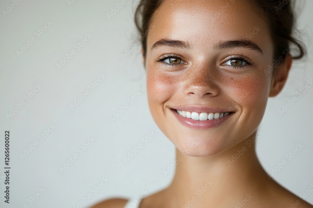 Smiling young caucasian female with brown hair and freckles Smiling young caucasian female with brown hair and freckles