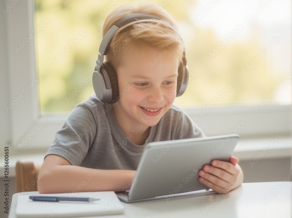 A cheerful boy wearing headphones interacts with a tablet, enjoying a digital experience in a bright, sunny room. A cheerful boy wearing headphones interacts with a tablet, enjoying a digital experience in a bright, sunny room.