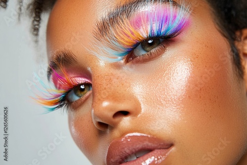 Close-up of young african female with colorful rainbow eyelashes and glossy skin