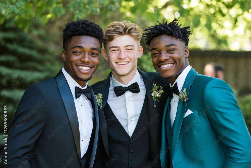 Young diverse groomsmen in formal attire smiling outdoors Young diverse groomsmen in formal attire smiling outdoors