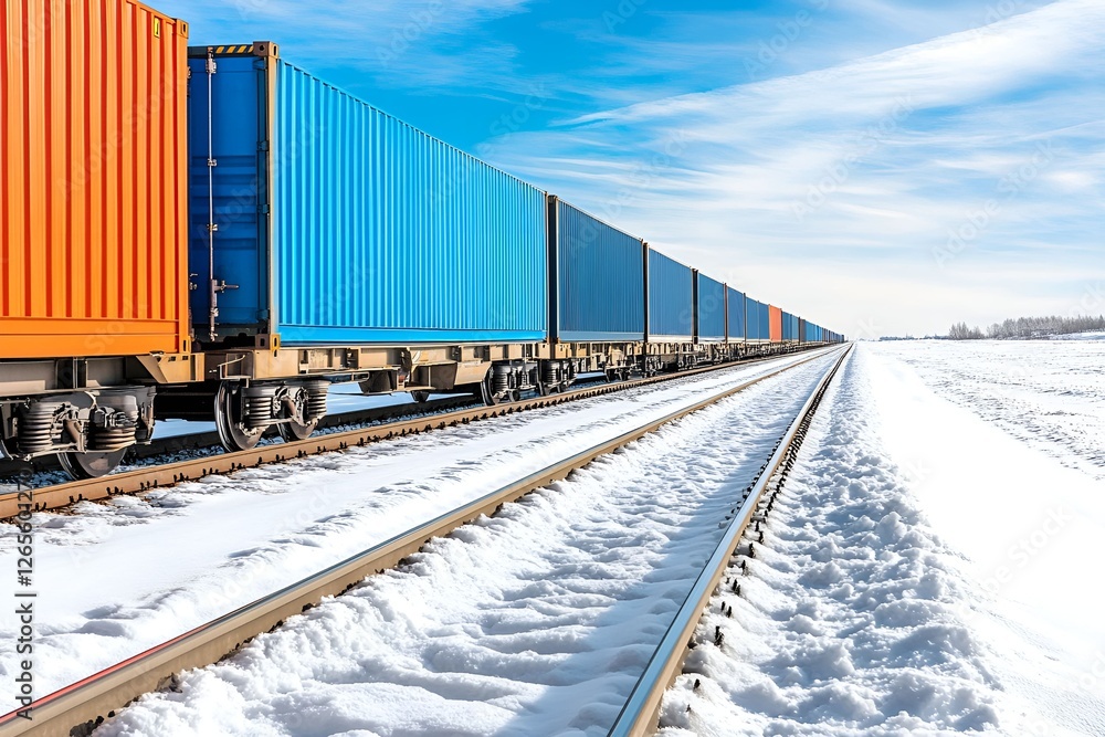Obraz premium A long freight train with colorful shipping containers travels on snow-covered railway tracks under a bright blue sky. The cargo transport highlights global trade, logistics, and efficient railway tra