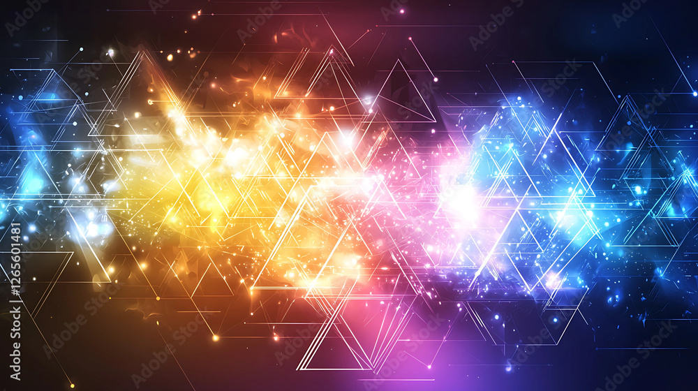 Fototapeta premium Abstract digital art featuring an array of geometric shapes, primarily triangles, set against a gradient background of vibrant colors transitioning from deep blue to bright yellow and pink.