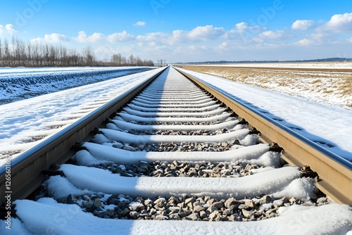 Snow-covered railway tracks stretching into the distance under a clear blue sky, creating a sense of depth and perspective in a serene winter landscape