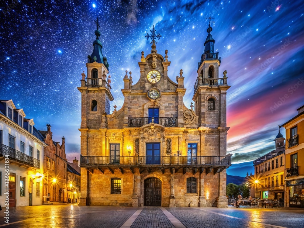 Astorga Town Hall Clock Tower Night Photography - Chiming Bells at Dusk Astorga Town Hall Clock Tower Night Photography - Chiming Bells at Dusk