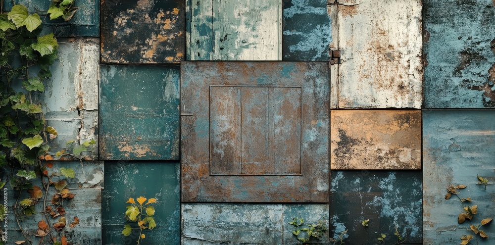 Varied weathered panels display shades of blues and greens Varied weathered panels display shades of blues and greens