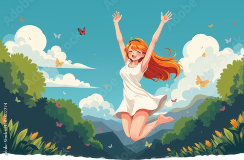 a woman jumping in the air with her hands up in the air, surrounded by leaves and flowers