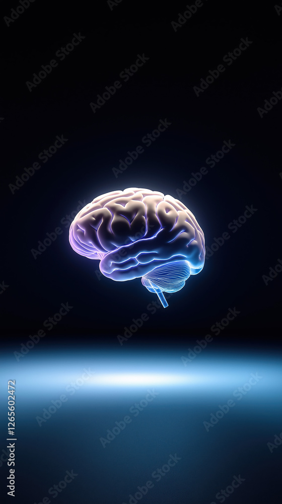 Abstract Glowing Human Brain Concept, Soft Light Radiating From Within, Subtle Gradients Of Light Blue, Floating In Dark Space, Modern And Sleek Design Abstract Glowing Human Brain Concept, Soft Light Radiating From Within, Subtle Gradients Of Light Blue, Floating In Dark Space, Modern And Sleek Design