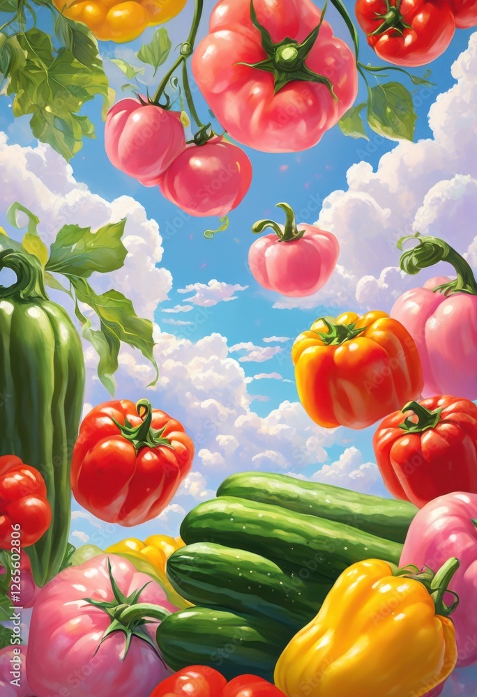 brightly colored floating vegetables gentle floating cloud background showcasing bounty dreamy atmosphere, carrot, onion, tomato, pepper, spinach brightly colored floating vegetables gentle floating cloud background showcasing bounty dreamy atmosphere, carrot, onion, tomato, pepper, spinach