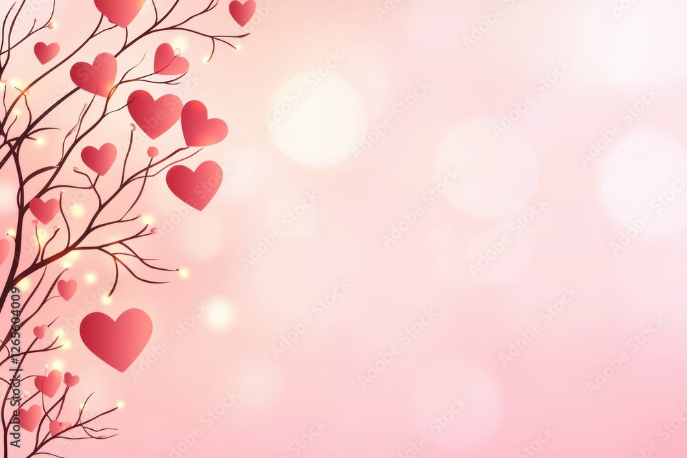 Fototapeta premium Whimsical heart branches with tiny glowing hearts, soft pink misty background, dreamy and magical Valentine s theme, high-resolution digital artwork