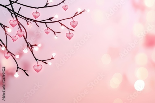 Whimsical heart branches with tiny glowing hearts, soft pink misty background, dreamy and magical Valentine s theme, high-resolution digital artwork photo