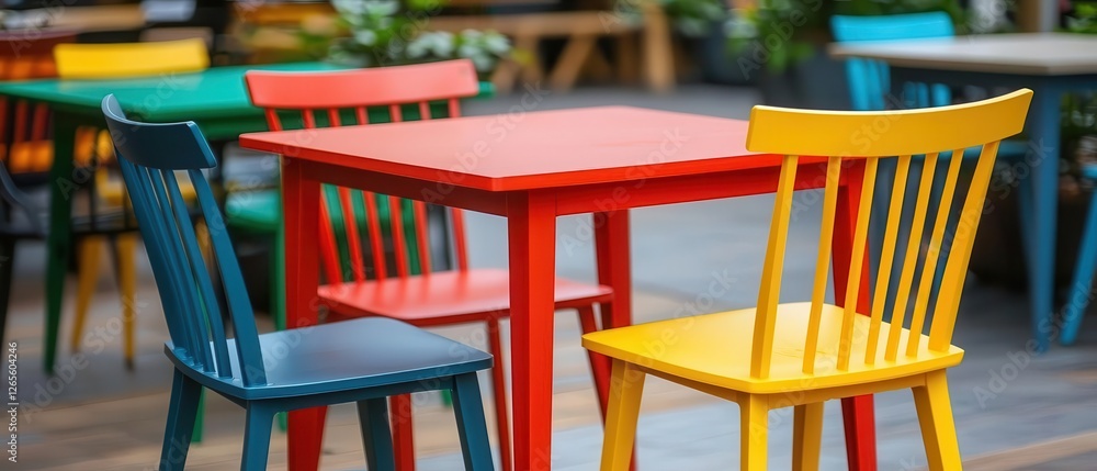 sustainable interior design with recycled materials and sustainability. Recycled plastic chairs and tables blending innovation with environmental responsibility