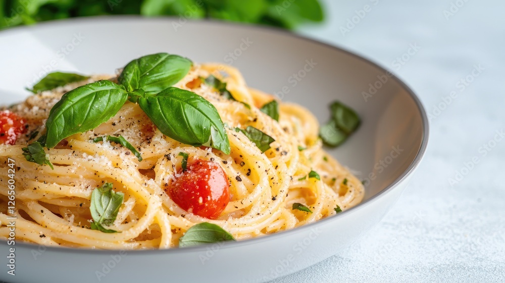 Fresh pasta with cherry tomatoes and basil in a bowl on a light background. Possible food photography Fresh pasta with cherry tomatoes and basil in a bowl on a light background. Possible food photography