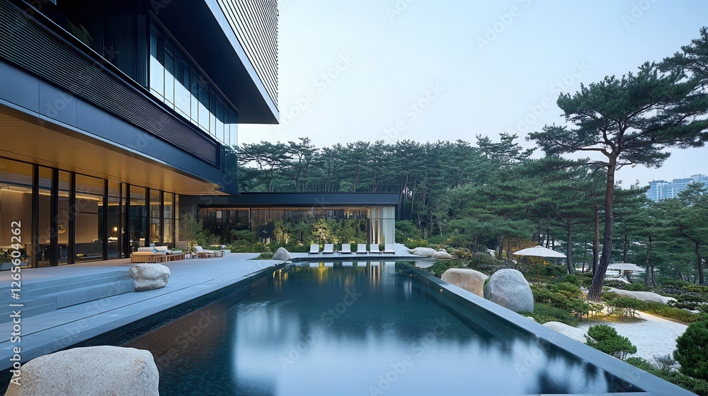 Fototapeta premium Serene outdoor pool at a modern building amidst lush greenery