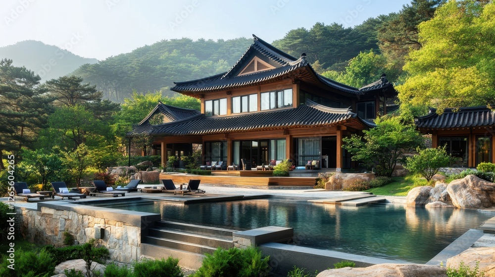 Traditional style home with swimming pool nestled in nature Traditional style home with swimming pool nestled in nature