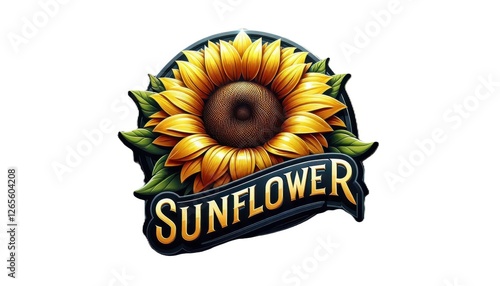 Vibrant sunflower emblem with realistic petals and green leaves on white background great for branding eco-friendly businesses and digital marketing
