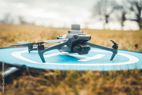 Drone with camera, an unmanned flying aircraft, The drone photographs the horizons