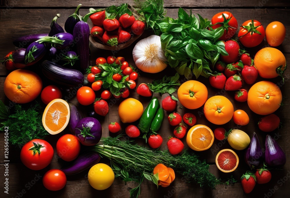 vibrant flat lay displaying assorted fresh produce including colorful aromatic herbs hosted inviting surface, arrangement, berries, basil, blue, bounty, carrots vibrant flat lay displaying assorted fresh produce including colorful aromatic herbs hosted inviting surface, arrangement, berries, basil, blue, bounty, carrots