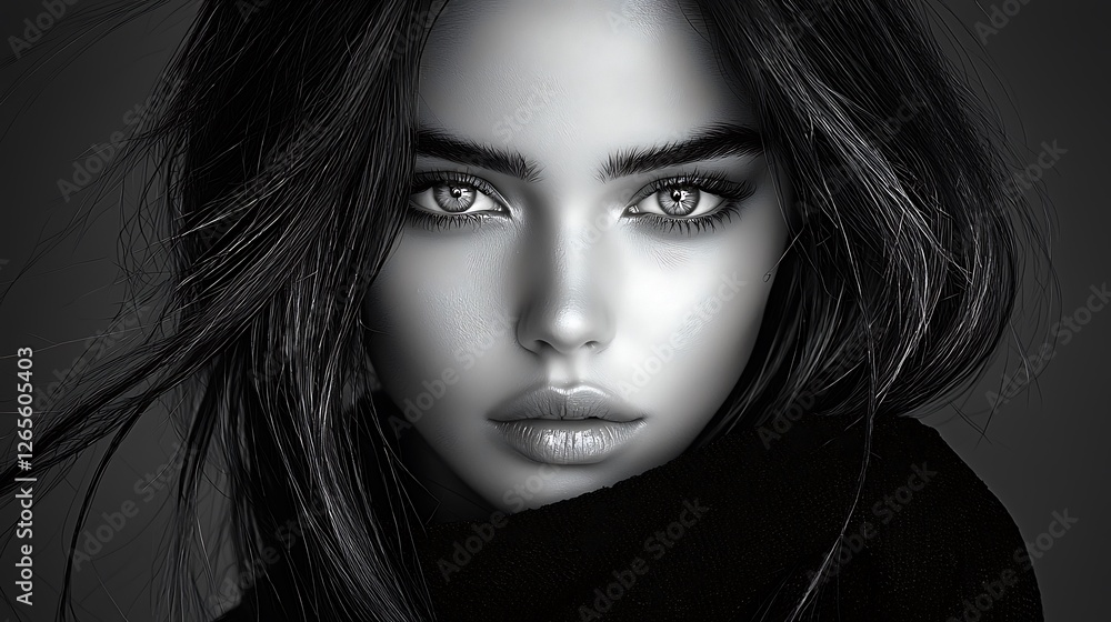 Fototapeta premium High-definition black-and-white portrait of a woman with expressive eyes and natural messy hair, smooth textures and refined shadows adding cinematic depth, modern and timeless aesthetic, Ultra-Realis