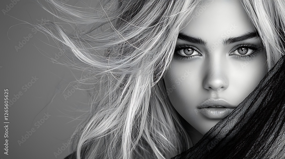Fototapeta premium High-fashion inspired black-and-white portrait of a woman with tousled waves, her eyes full of wonder, soft diffused light highlighting the fine details of her face, modern and sophisticated, 