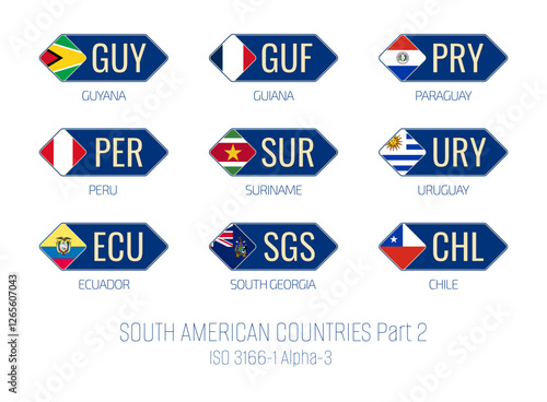 Set of vector illustrations of ISO 3166 1 alpha 3 and flags of SOUTH AMERICAN COUNTRIES . Part 2
