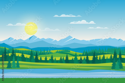 Beautiful landscape of river, forest and mountains on a sunny day. Bright sunny day in the wild. Vector landscape illustration of mountains, rivers, forests, fields and meadows with a stunning sky.