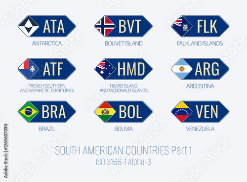 Set of vector illustrations of ISO 3166 1 alpha 3 and flags of SOUTH AMERICAN COUNTRIES . Part 1.
