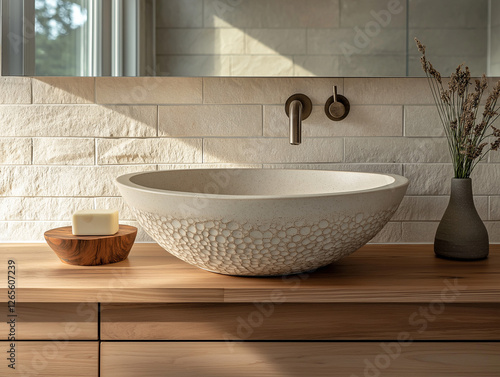 Contemporary bathroom with a handcrafted ceramic vessel sink in soft beige, wooden vanity, natural stone backsplash, and matching ceramic accessories, enhanced by soft natural lighting