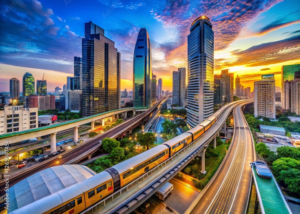 Fototapeta premium Bangkok Chong Nonsi Skytrain Station Aerial Panorama - Public Skywalk Bridge