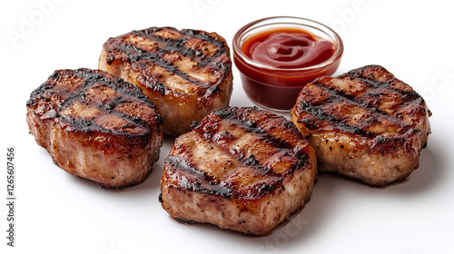 Wallpaper Mural Set of grilled pork chops with ketchup isolated on a white background. Torontodigital.ca