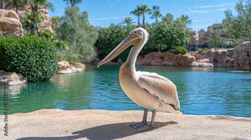 Brown pelican stands on pebbles near water, surrounded by lush greenery, showcasing its unique features in a tranquil garden