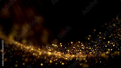 Futuristic Golden Beautiful Wave Particles light abstract background shining glittering particle floor stars dust flare. Luxurious golden sparkling bokeh. Award ceremony, stage. 3D Illustration