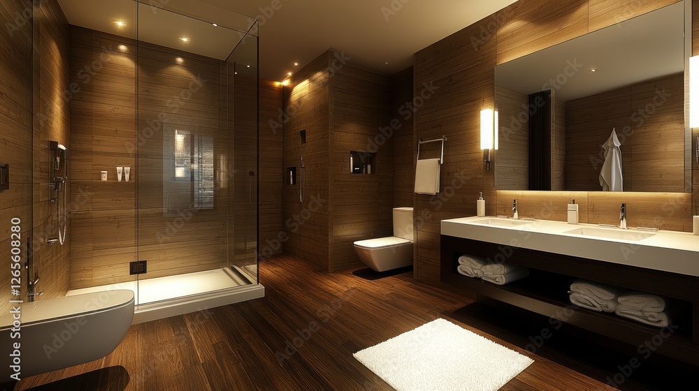 Fototapeta premium Modern luxury bathroom interior, glass shower, double sinks, city view