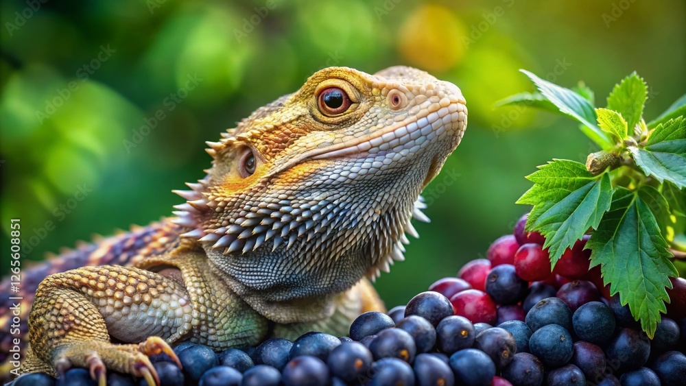 Obraz premium Bearded Dragon Lizard Portrait: Blackberries & Lush Green Leaves