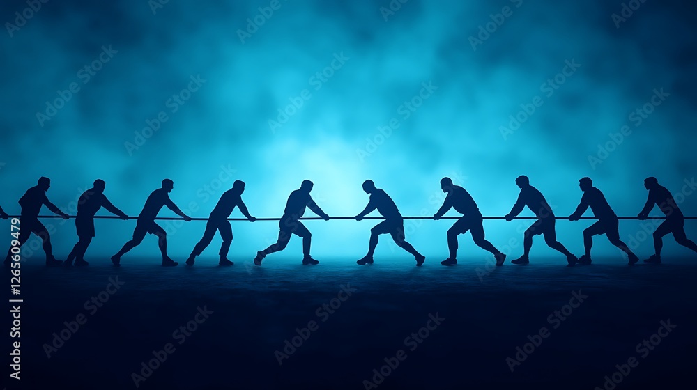 Fototapeta premium Silhouetted figures engaged in a tug-of-war against a misty blue backdrop, symbolizing teamwork and competition.