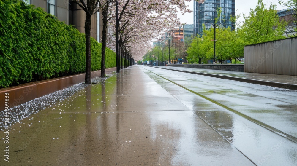 Obraz premium A quiet city street on a fresh spring morning, lined with blossoming trees. 