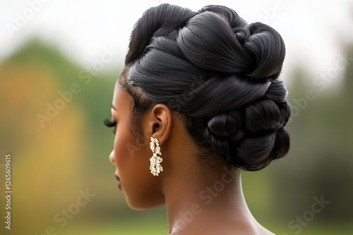 Elegant braided hair updo on african female model with gold earrings in nature setting