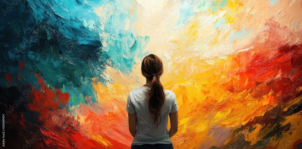 Obraz premium Woman with ponytail gazes at colorful abstract artwork