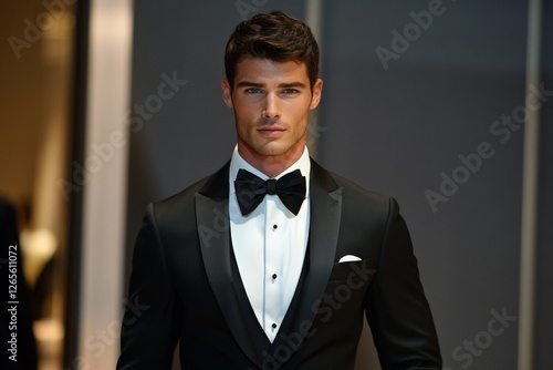 Young caucasian male in tuxedo with bow tie at formal event