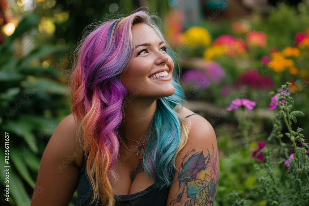 Young caucasian female with colorful hair smiling in vibrant garden setting Young caucasian female with colorful hair smiling in vibrant garden setting