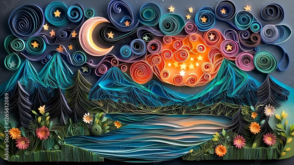 Landscape paper quilling concept. Quilled artwork depicting a vibrant sunset over mountains and a serene lake. Landscape paper quilling concept. Quilled artwork depicting a vibrant sunset over mountains and a serene lake.