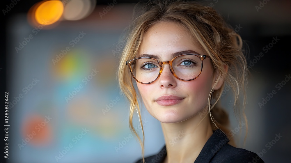 Young woman with glasses smiling confidently in a modern office setting with blurred background Young woman with glasses smiling confidently in a modern office setting with blurred background